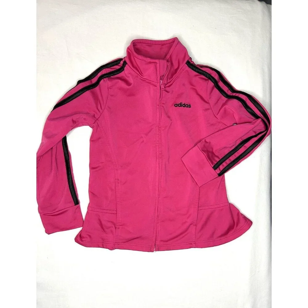 Adidas Jacket Girls‎ 5 Pink Black Zip Track Athletic Three Stripes Logo Peplum